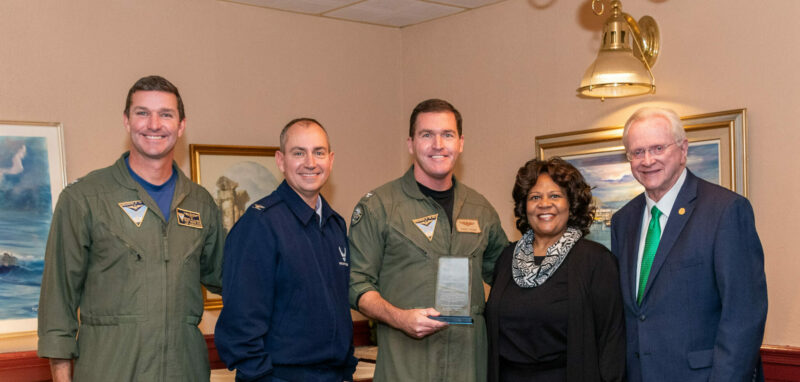 Left to right, Capt. Eddie Pilcher, Commanding Officer, Naval Air Facility Washington, Col. Andrew Purath, Vice Commander, 618th Air Operations Center (former Commander, 11th Wing, Joint Base Andrews), Capt. (ret) Robert Coogan, former Commanding Officer, Naval Air Facility Washington, Maryland Senate President Pro Tem Melony Griffith, Hon. M.H. Jim Estepp, President & CEO, Andrews Business & Community Alliance