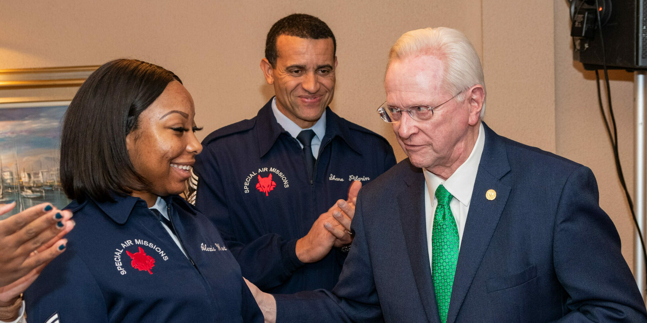 Left to right, SSgt. Alexis West, CMSgt. Shane Pilgrim, Chief, Enlisted Force Development, United States Space Force (former Command Chief, 89th Airlift Wing), Hon. M.H. Jim Estepp, President & CEO, Andrews Business & Community Alliance